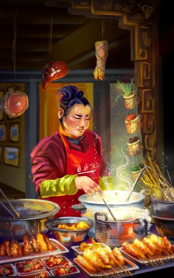 Artwork of a woman cooking food in a Korean restaurant.